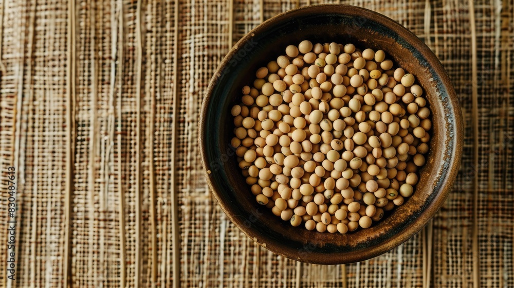 Soybeans in a bowl on a straw surface Dried rehydrated and cooked legume for vegetarian consumption Overhead perspective Soybeans in a bowl on a straw surface Dried rehydrated and cooked legume for vegetarian consumption Overhead perspective