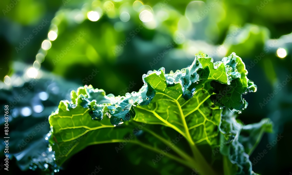 Curly kale leaf filling the frame dewdrops sparkling on its vibrant green surface, Ai Generated Curly kale leaf filling the frame dewdrops sparkling on its vibrant green surface, Ai Generated