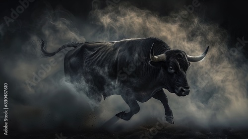 Charging bull in motion kicking up dust. Dynamic studio action shot. Strength and power concept. Design for poster, wallpaper, banner.