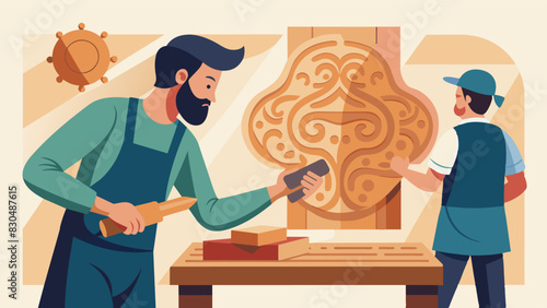 In one corner a woodworker demonstrated his craft carving intricate designs into a raw slab of wood while visitors marveled at his talent.. Vector illustration