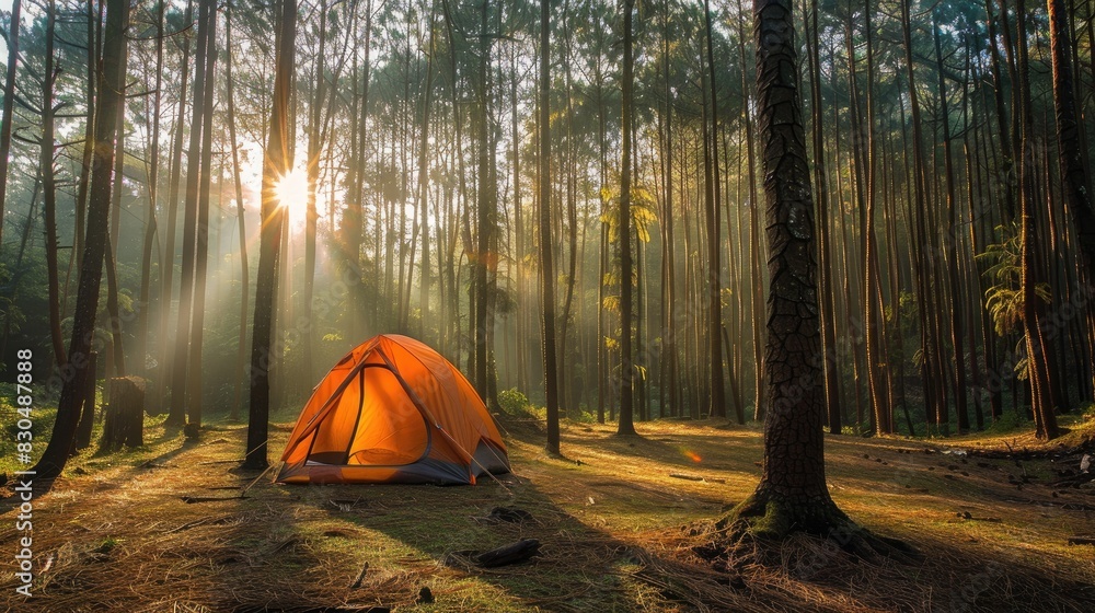 An orange camping tent positioned towards the morning sun in a secluded pine forest camping spot in Batu East Java Picture captured from the back
