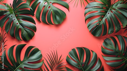 Philodendron tropical leaves on coral color background minimal summer. 