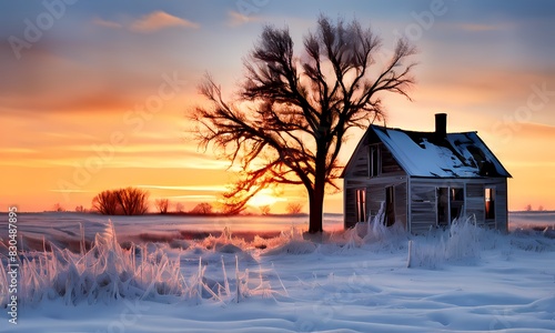 Dilapidated farmhouse basking in the soft glow of sunrise snow blanketed roof, Ai Generated