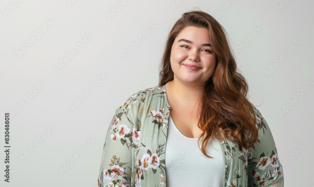 Confident young woman smiling on gray background Confident young woman smiling on gray background