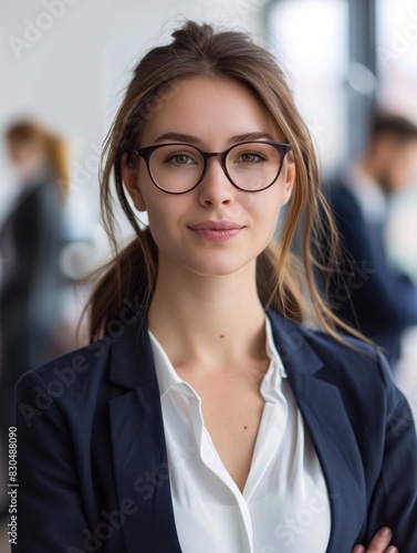 A businesswoman wears glasses and suit jacket stands in front of her team, confident and professional with a blurred background of office workers working together to achieve success. generative AI