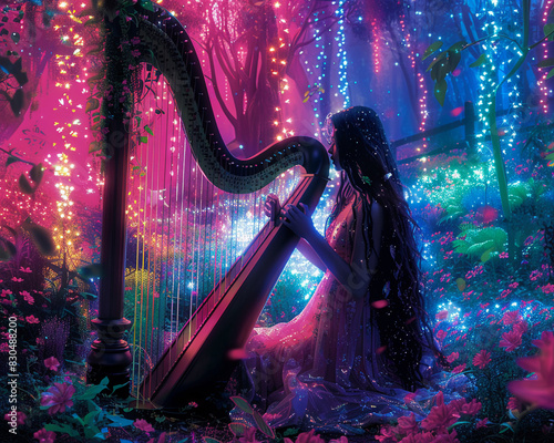 A digital harpist playing a holographic harp in a neon-lit garden, blending nature and technology, Fantasy, Bright colors, Digital painting, serene and magical