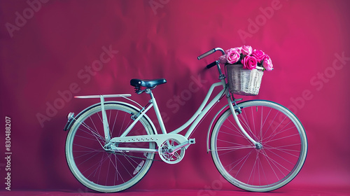A retro bicycle with a front basket filled with a small bouquet of roses, set against a deep pink canvas for a romantic touch. © Glenn Finch