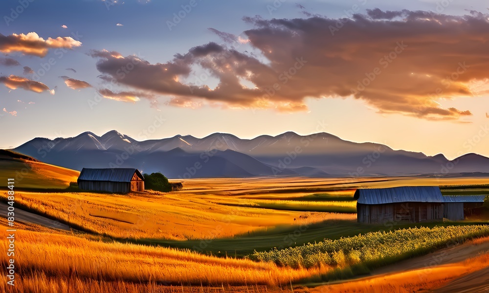 Fototapeta premium Farm landscape nestled in the valley before a towering mountain range, AI Generated