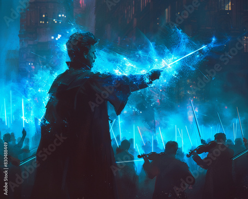 A maestro conducting an orchestra of virtual instruments, blending traditional conducting with futuristic technology, Sci-fi, Soft blue glow, Digital painting, expressive and innovative