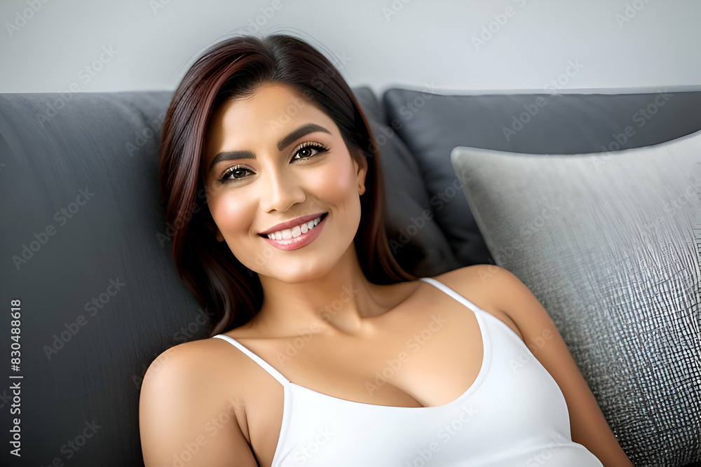 Image of smiling nice woman using cellphone while lying on sofa
