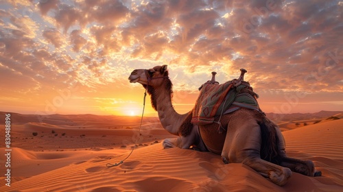 As the sun sets over the desert dunes  a loyal camel patiently awaits its master s return from a long day s journey.