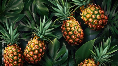 Ripe pineapple fruit with fresh leaves