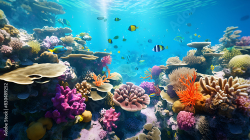 An underwater scene showcasing vibrant coral and a variety of colorful fish swimming around.