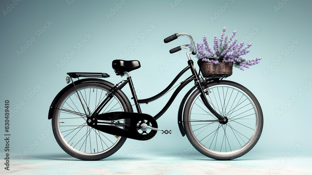 A retro black bicycle with a front basket holding lavender, fully displayed against a light blue backdrop that enhances its vintage appeal.