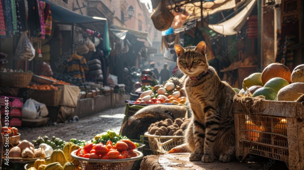 In the bustling market of Marrakech, a stray cat finds solace amidst the chaos, weaving through the maze of vendors and shoppers. In the bustling market of Marrakech, a stray cat finds solace amidst the chaos, weaving through the maze of vendors and shoppers.