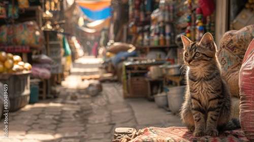 In the bustling market of Marrakech, a stray cat finds solace amidst the chaos, weaving through the maze of vendors and shoppers.