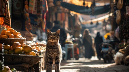 In the bustling market of Marrakech, a stray cat finds solace amidst the chaos, weaving through the maze of vendors and shoppers. © 2D_Jungle