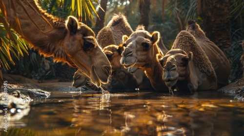 In the cool waters of a desert oasis, a group of camels drink deeply, their long necks bending gracefully as they quench their thirst. photo