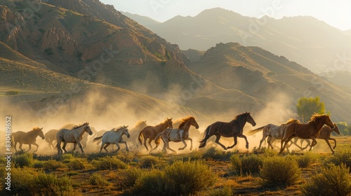 In the shadow of the Atlas Mountains  a proud stallion leads its herd across the rugged terrain  their hooves kicking up dust in their wake.