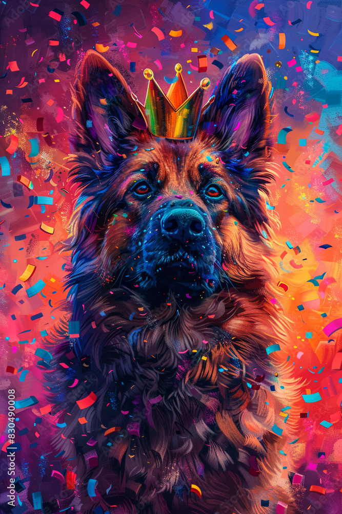 A dog with a victory crown, surrounded by floating holographic confetti, vibrant colors, digital painting. A dog with a victory crown, surrounded by floating holographic confetti, vibrant colors, digital painting.