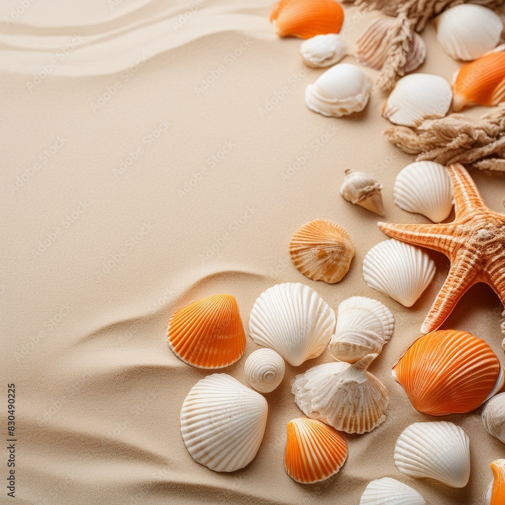 Seashells on Sand: Background with Copy Space Seashells on Sand: Background with Copy Space