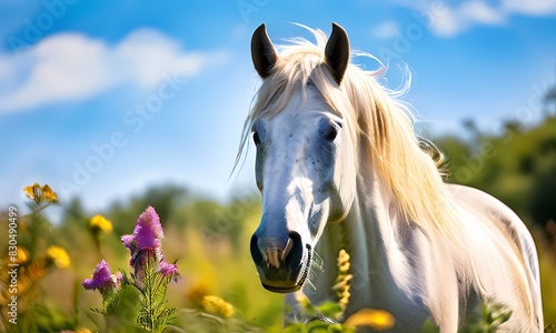 White horse standing in a lush green meadow under a wide blue sky  AI Generated