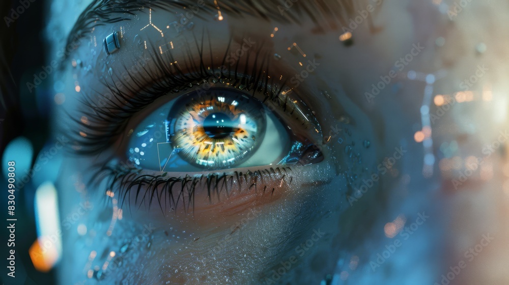 Close-up showcases an ai robot's face, where digital eyes shimmer with a depth of emotion, blurring the lines between machine and human Close-up showcases an ai robot's face, where digital eyes shimmer with a depth of emotion, blurring the lines between machine and human