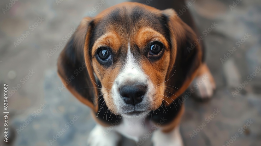 Close up photo of a Beagle mix puppy with natural background effect Close up photo of a Beagle mix puppy with natural background effect