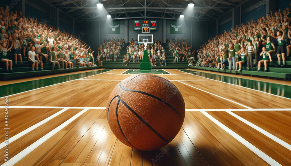 A realistic and detailed image featuring a basketball placed in the center of an indoor basketball court. 
