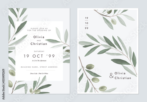 Wedding invitation template, olive branches on grey background