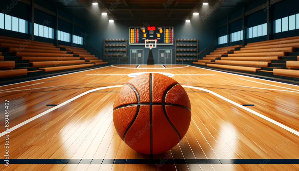A realistic and detailed image featuring a basketball placed in the center of an indoor basketball court. A realistic and detailed image featuring a basketball placed in the center of an indoor basketball court.