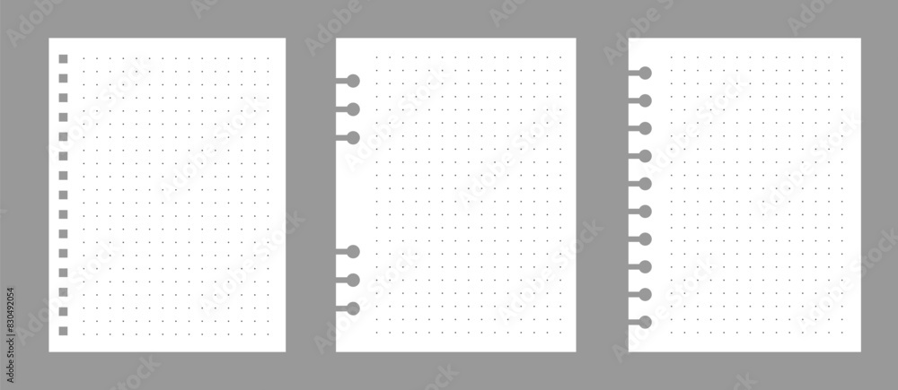 Set of notebook sheets isolated on gray background. Realistic white blanks of dots paper. Different vertical pages from diary. Vector template. Set of notebook sheets isolated on gray background. Realistic white blanks of dots paper. Different vertical pages from diary. Vector template.