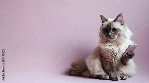 Ragdoll Cat Embraces Smartphone Technology on a Soft Lavender Backdrop photo