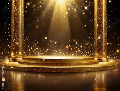 Gold stage scene with glitter light effects decorations and bokeh. Luxury background design concept - Generative ai