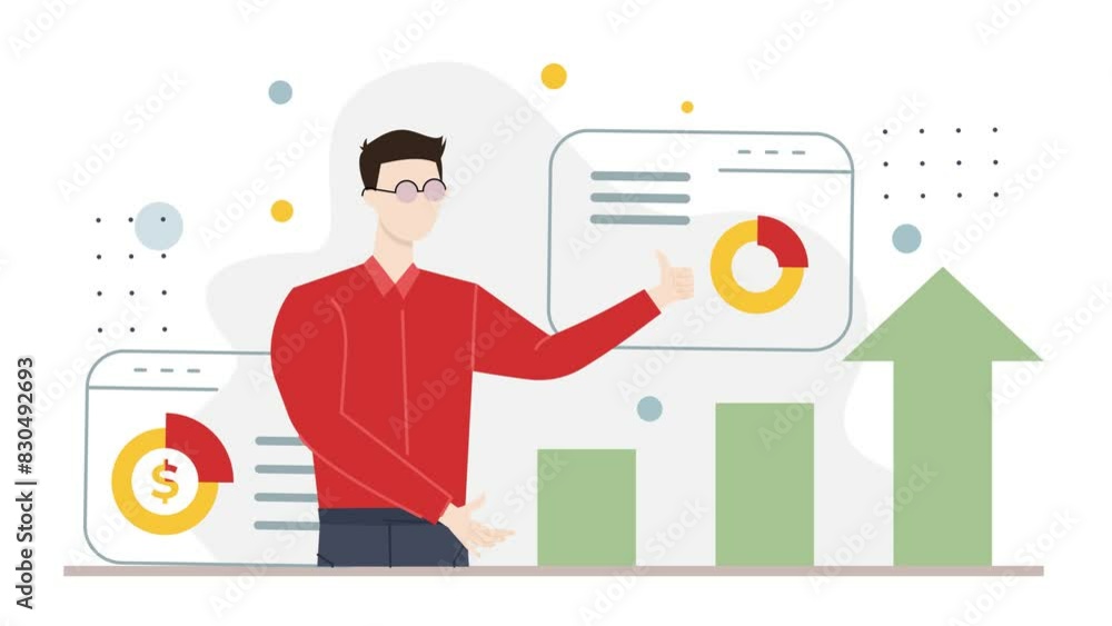 businessman with diagram and data presentation. business animated illustration. business animation video businessman with diagram and data presentation. business animated illustration. business animation video