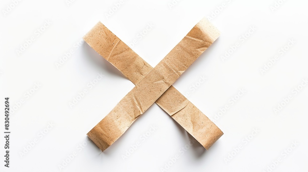 Two pieces of brown paper tape crossing each other, forming an 'X', isolated on white background, even studio lighting Two pieces of brown paper tape crossing each other, forming an 'X', isolated on white background, even studio lighting