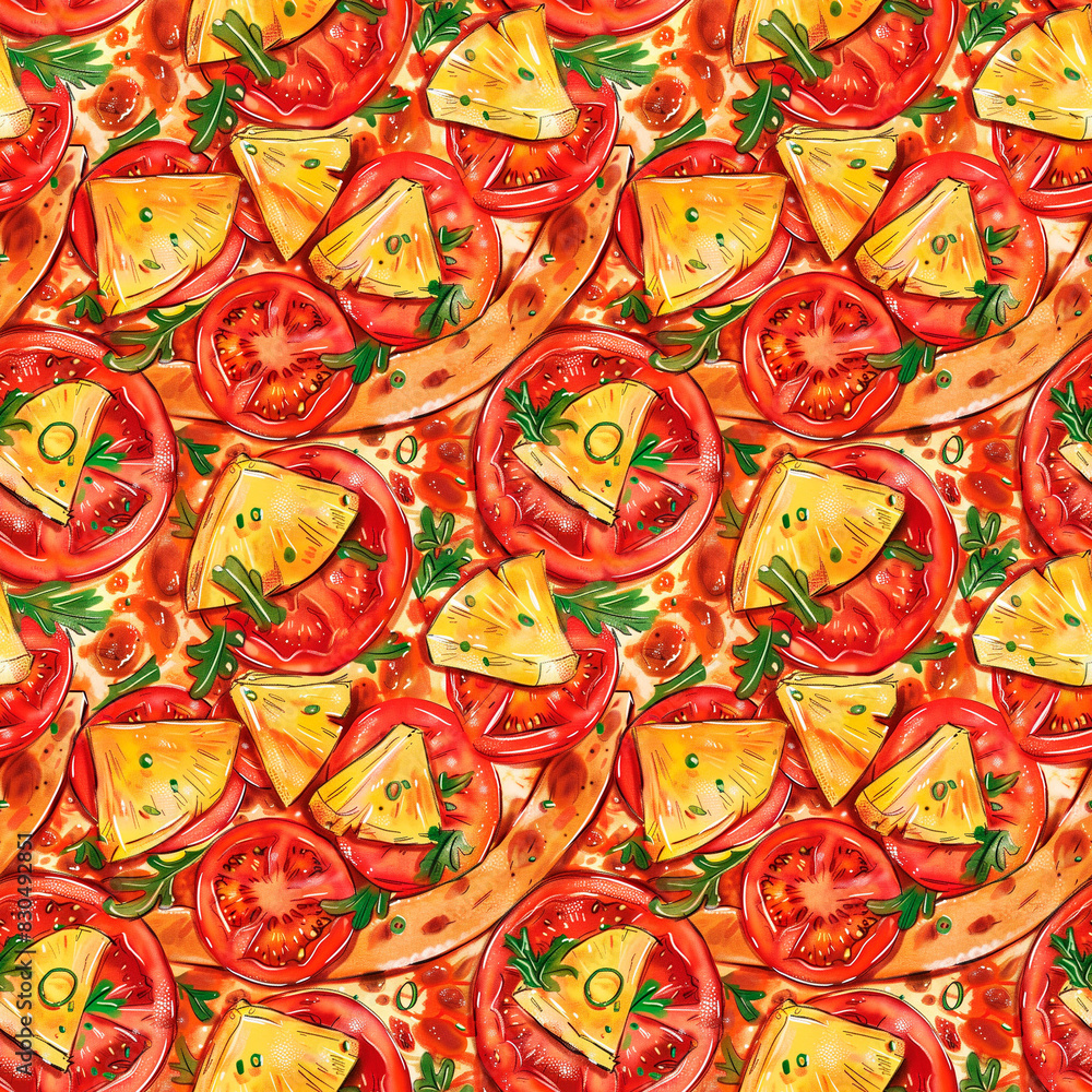 Seamless pattern of delicious pizza toppings with juicy tomatoes, pineapple slices and grilled chicken Seamless pattern of delicious pizza toppings with juicy tomatoes, pineapple slices and grilled chicken