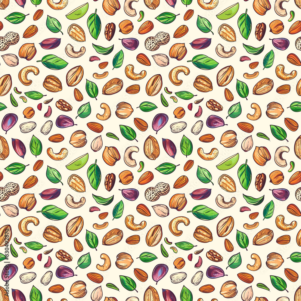 Seamless pattern of mixed nuts. High resolution image of walnuts, hazelnuts, cashews, almonds, pine nuts and peanuts Seamless pattern of mixed nuts. High resolution image of walnuts, hazelnuts, cashews, almonds, pine nuts and peanuts