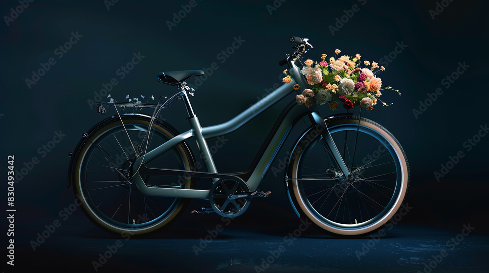 A sleek bicycle with a minimalistic floral arrangement in the front basket, showcased on a dark blue background.