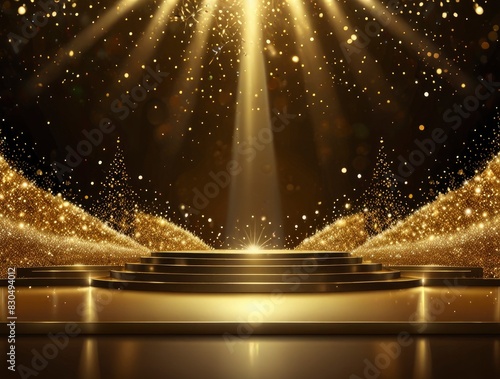 Gold stage scene with glitter light effects decorations and bokeh. Luxury background design concept - Generative ai