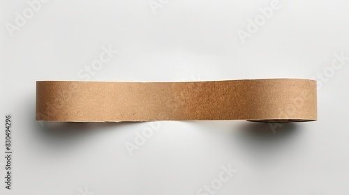 Overhead view of a neatly cut piece of brown paper tape, isolated on a white background, even studio lighting to highlight simplicity
