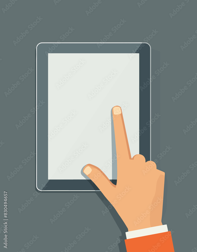 Hand pointing index finger on a tablet. Hand with Tablet. Finger touching tablet screen. Internet tablet in businessman hand. Flat design illustration Hand pointing index finger on a tablet. Hand with Tablet. Finger touching tablet screen. Internet tablet in businessman hand. Flat design illustration