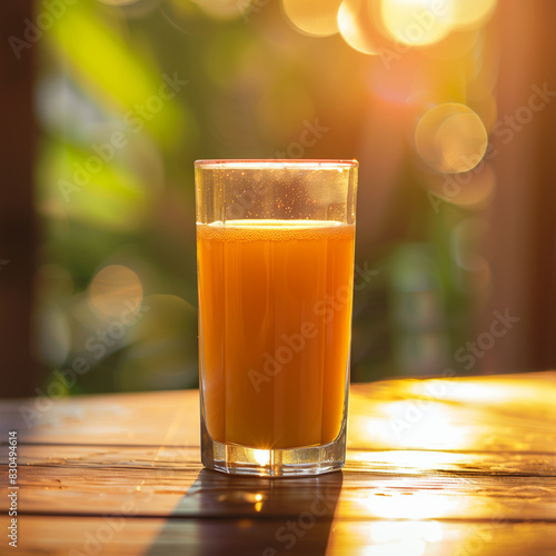 A Glass of Delicious Fresh Orange Juice on a Wooden Table with Soft Natural Bokeh Background Light