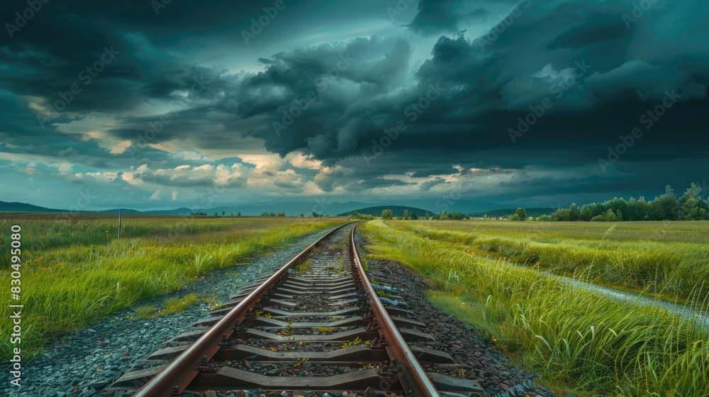 Country landscape with a railway and dark clouds Country landscape with a railway and dark clouds