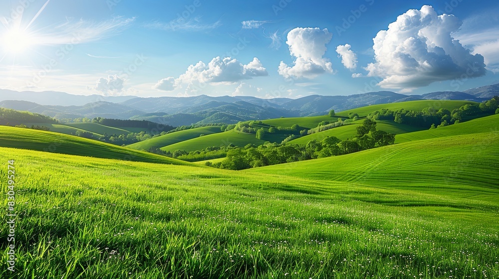 A scenic view of green rolling hills, scattered trees, and wildflowers under a sunny blue sky with fluffy clouds.