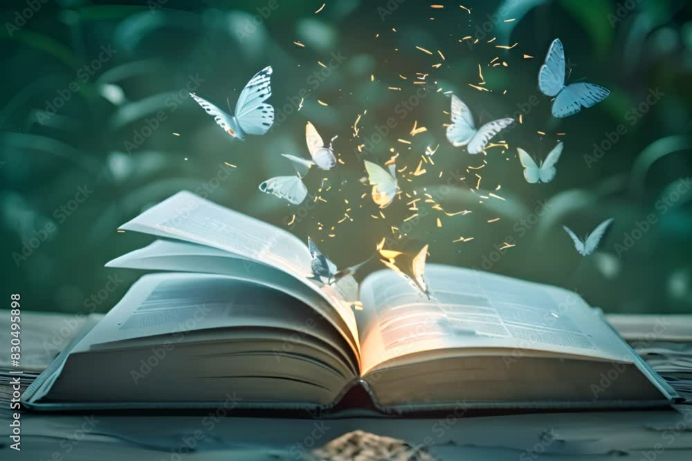 An open book with glowing pages and magical butterflies flying out of ...