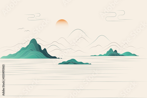 Minimalist Line New Chinese Sunrise Impression Landscape Vector Illustration
