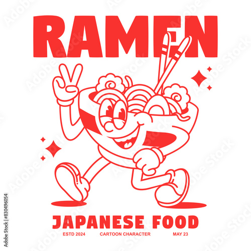 Funny cartoon character of ramen japanese food. Can be used as Sticker, posters, prints. Retro cartoon style. Vector illustration