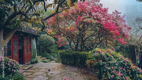 Blooming Hong Kong Hawthorn in the garden photo