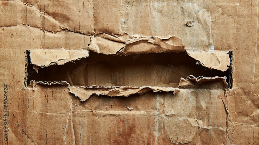 Close up of a damaged cardboard box with a large hole, frayed edges, and exposed contents, isolated background, studio lighting